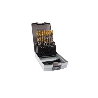 Spiral drill bit set with box, HSS, Ø range 1.0-10.0, increase 0.5, 19 pieces, DIN 338, type N, TiN