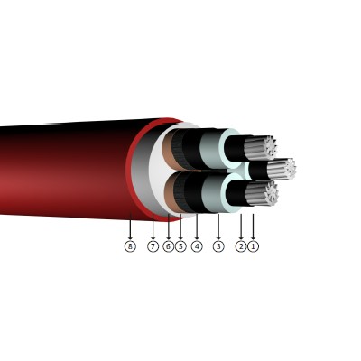 3x95/16, 5.8/10 kV (6/10 kV) or 6.35/11 kV halogen-free, non-flame retardant, XLPE insulated, three-core, aluminum conducter cables, yaxc8z1-r, na2xseh, al/xlpe/cts/lszh