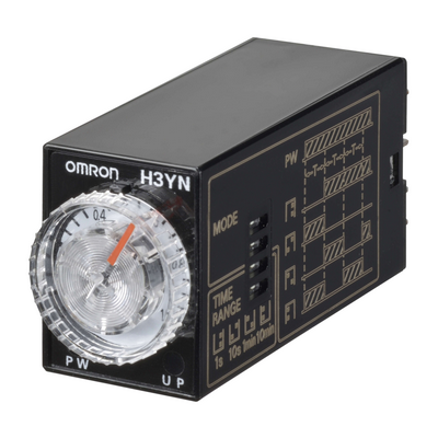 Omron time relay, socket, 8 pin, multifunction, 0.1 S-10 min, DPDT, 5 A, 200-230 Vac, coil side top, black case 4548583780859