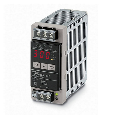 Omron Power Supply, 120 W, 100-240 VAC input, 24 VDC, 5.0 A Output, DIN RAY Mounting, NPN alarm exit, current, voltage, peak current and total working time showing the digital screen 4547648639972