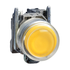 Komple aydınlatmalı basmalı düğme, Harmony XB4, metal, sıva altı, sarı, Ø22 mm, yay dönüşlü, önyüklemeli, 24 V AC/DC, 1 NO, ATEX-3389118030596
